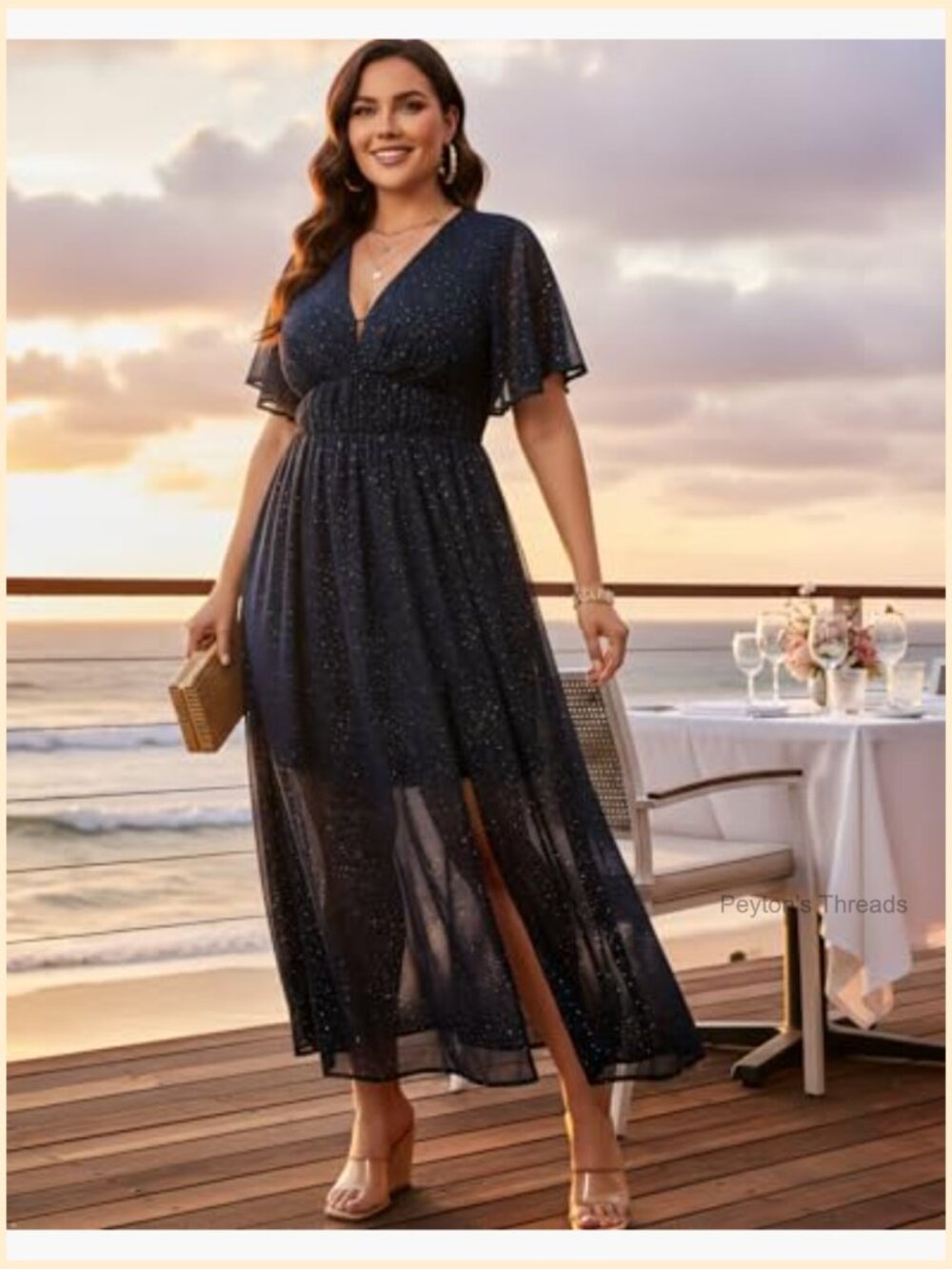Deep V-Neck A-Line Maxi Dress with Pockets Flutter Sleeve - Picture 3 of 7